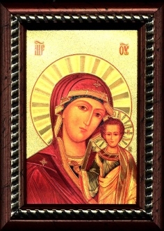 Икона на золотой фольге в багете на ножке "Казанская икона Божией Матери"