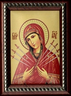 Икона на мягкой подложке в багете на ножке "Семистрельная икона Божией Матери"